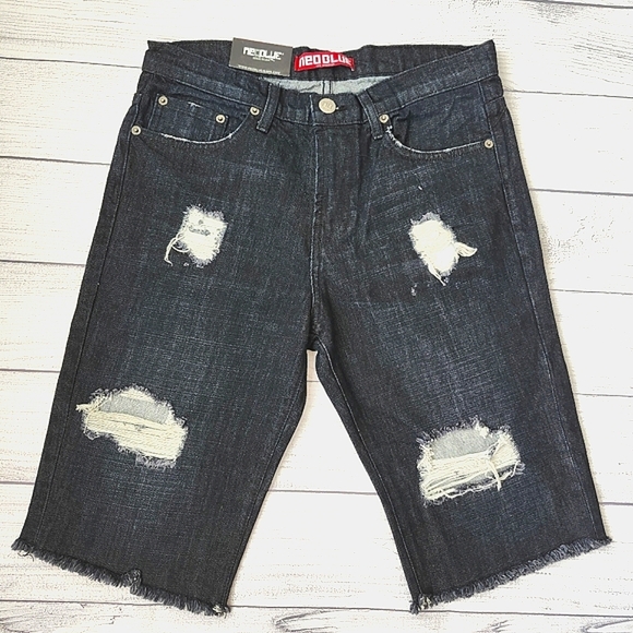 Neo Blue Distressed Black Denim Shorts Size 32 Men - Picture 1 of 8